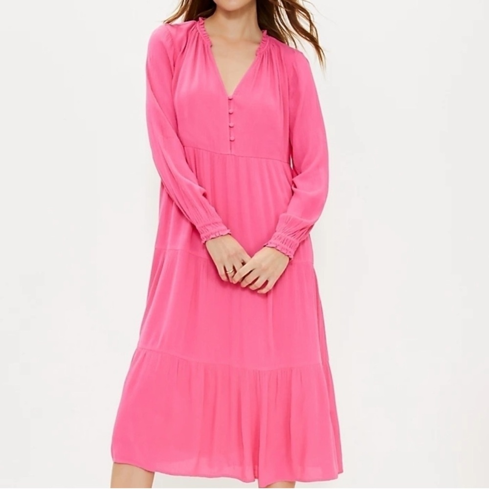 LOFT Pink Tiered Button Front Midi Dress S Peasant Flowy Boho Preppy Lined Beach